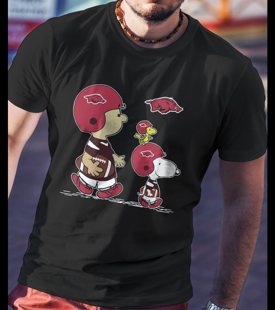 Arkansas Razorbacks Football Snoopy And Woodstock With Helmets And Hog T-Shirt