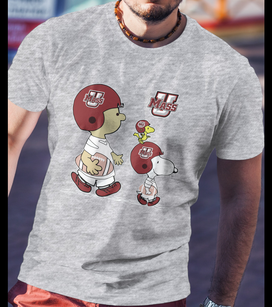 U Mass School Spirit Snoopy Football Helmet Charlie Woodstock T-Shirt
