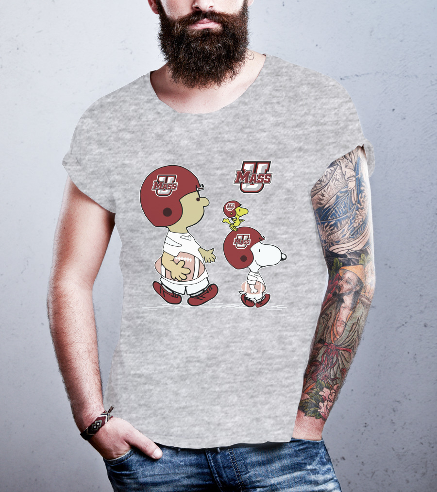 U Mass School Spirit Snoopy Football Helmet Charlie Woodstock T-Shirt