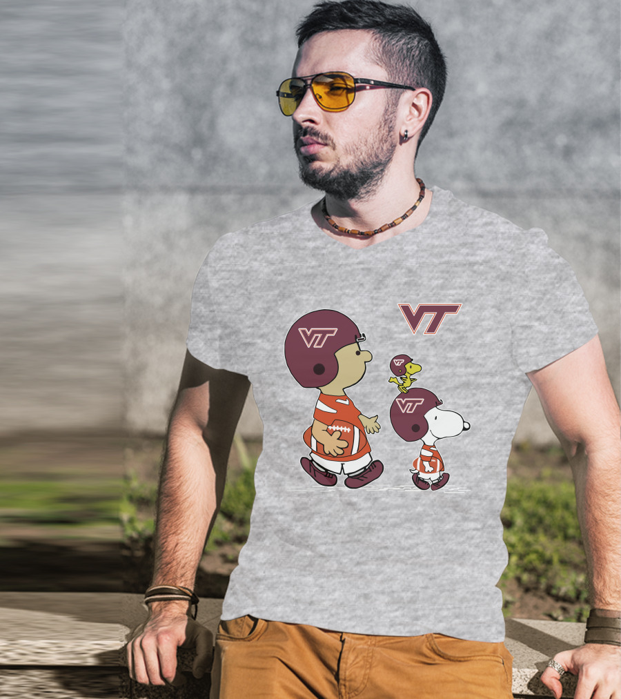 Virginia Tech Hokies VT Football Snoopy And Woodstock Peanuts Characters T-Shirt