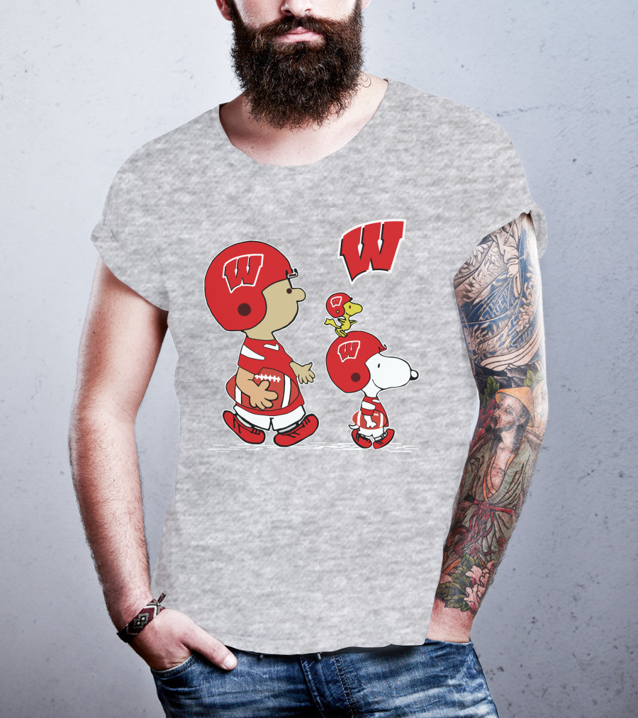 Wisconsin Badgers Snoopy Football Helmet Peanuts Characters Walking Together T-Shirt