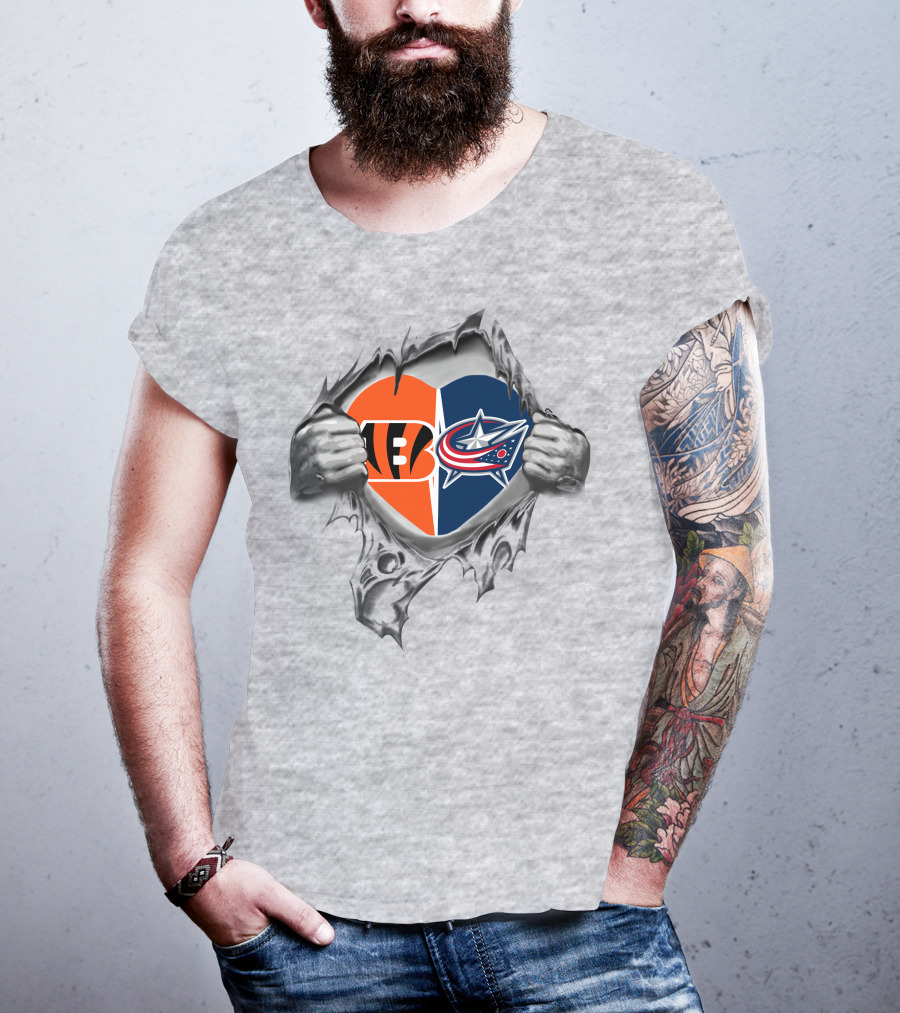 Bengals Blue Jackets Heart Emblem Ripped T-Shirt