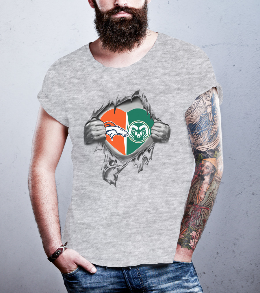 Broncos State Rams Logos Heart T-Shirt