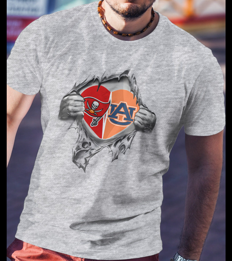 Buccaneers And Auburn Tigers Heart Emblem Fusion T-Shirt