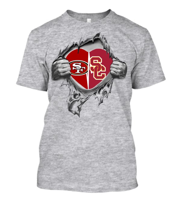 SF 49ers USC Trojans Logos Torn Heart T-Shirt