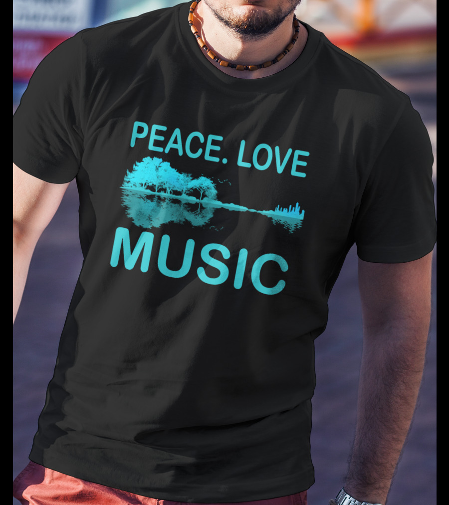 Peace Love Music Guitar Lake Shadow Scenic Reflection T-Shirt