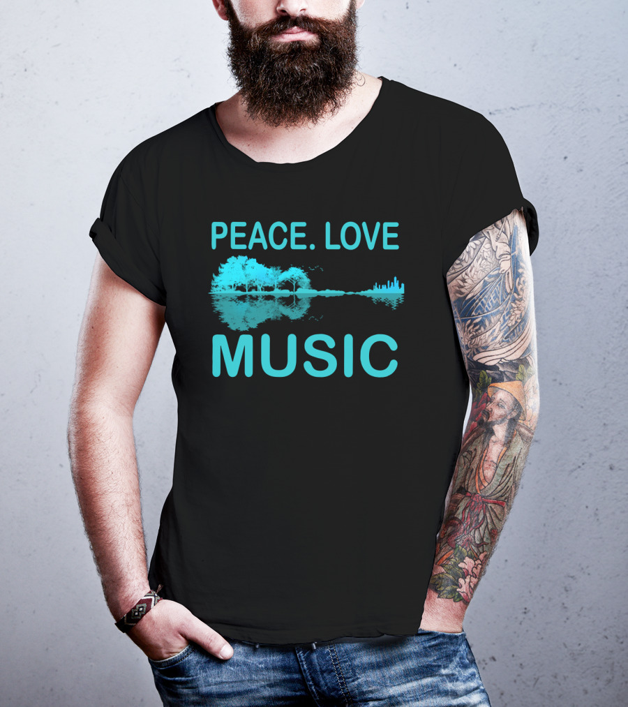 Peace Love Music Guitar Lake Shadow Scenic Reflection T-Shirt