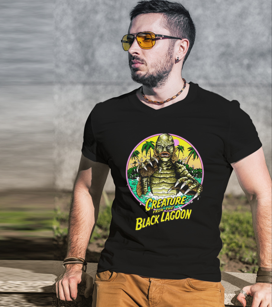 Creature From The Black Lagoon Retro Monster Beach Scene T-Shirt
