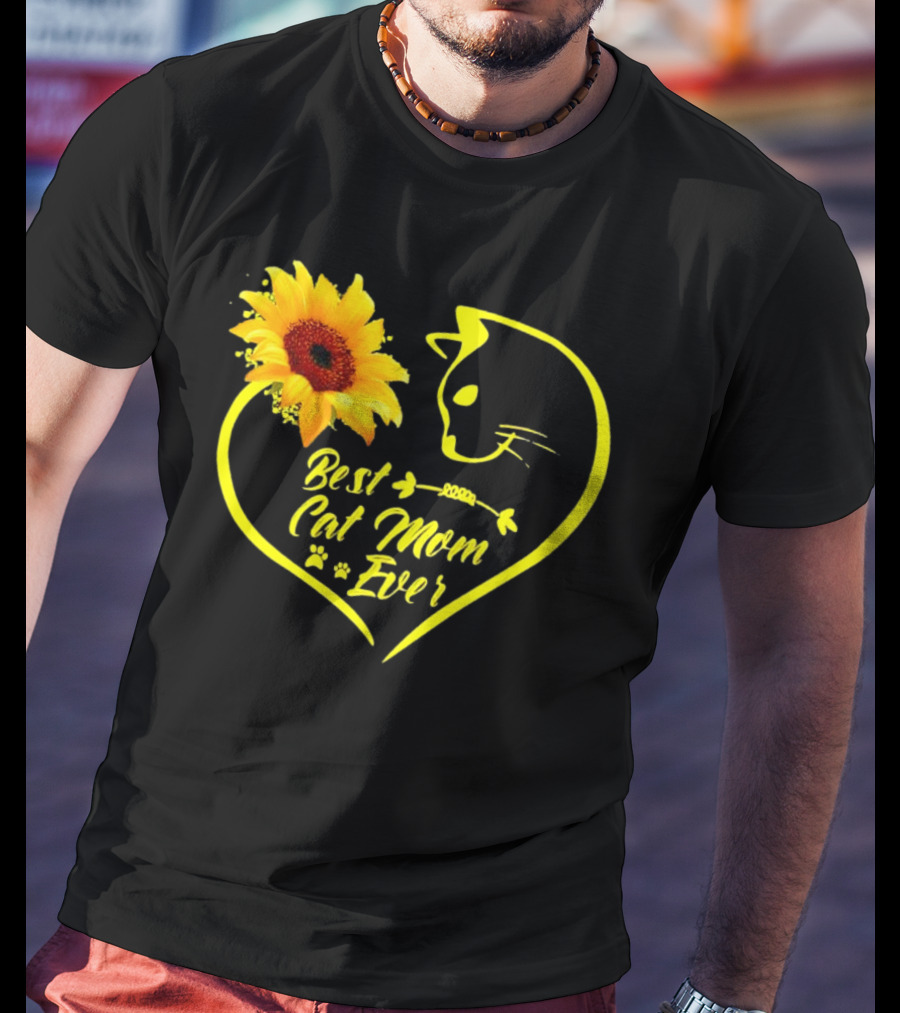 Best Cat Mom Ever Sunflower Heart Love Cat Face T-Shirt