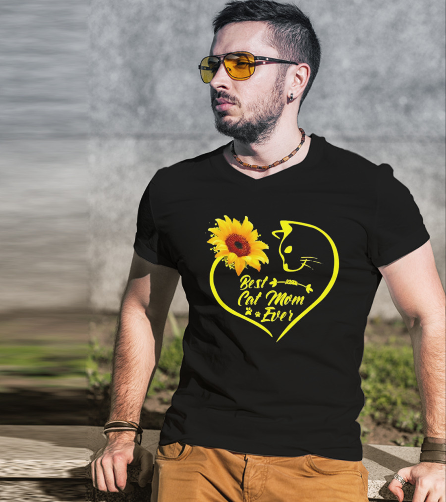 Best Cat Mom Ever Sunflower Heart Love Cat Face T-Shirt