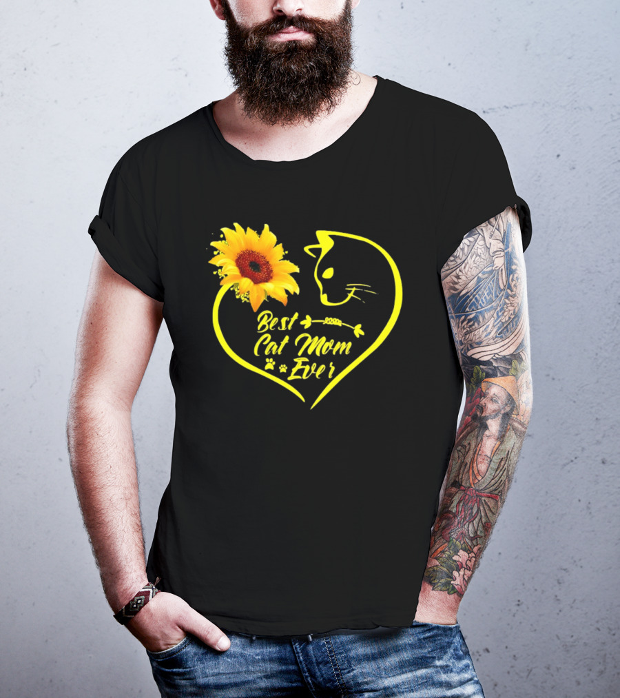 Best Cat Mom Ever Sunflower Heart Love Cat Face T-Shirt