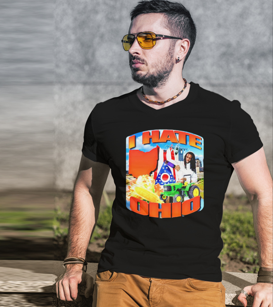 I Hate Ohio Tractor Explosion Corn Ohio Flag Skyline T-Shirt