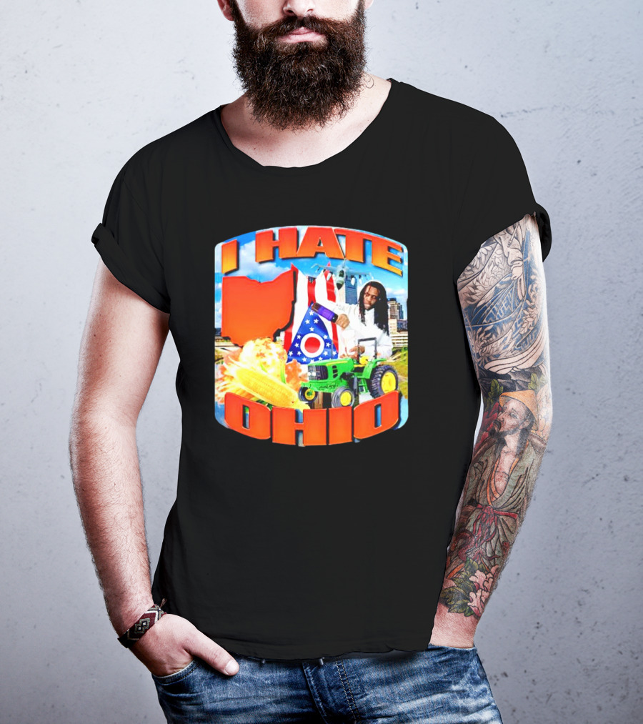 I Hate Ohio Tractor Explosion Corn Ohio Flag Skyline T-Shirt