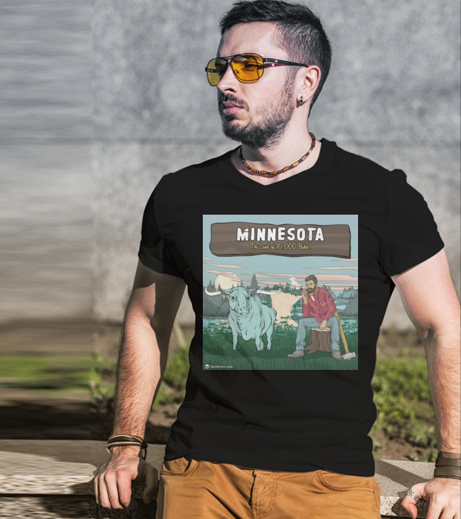 Minnesota The Land Of 10,000 Bakes With Blue Ox And Lumberjack In Forest Scene T-Shirt