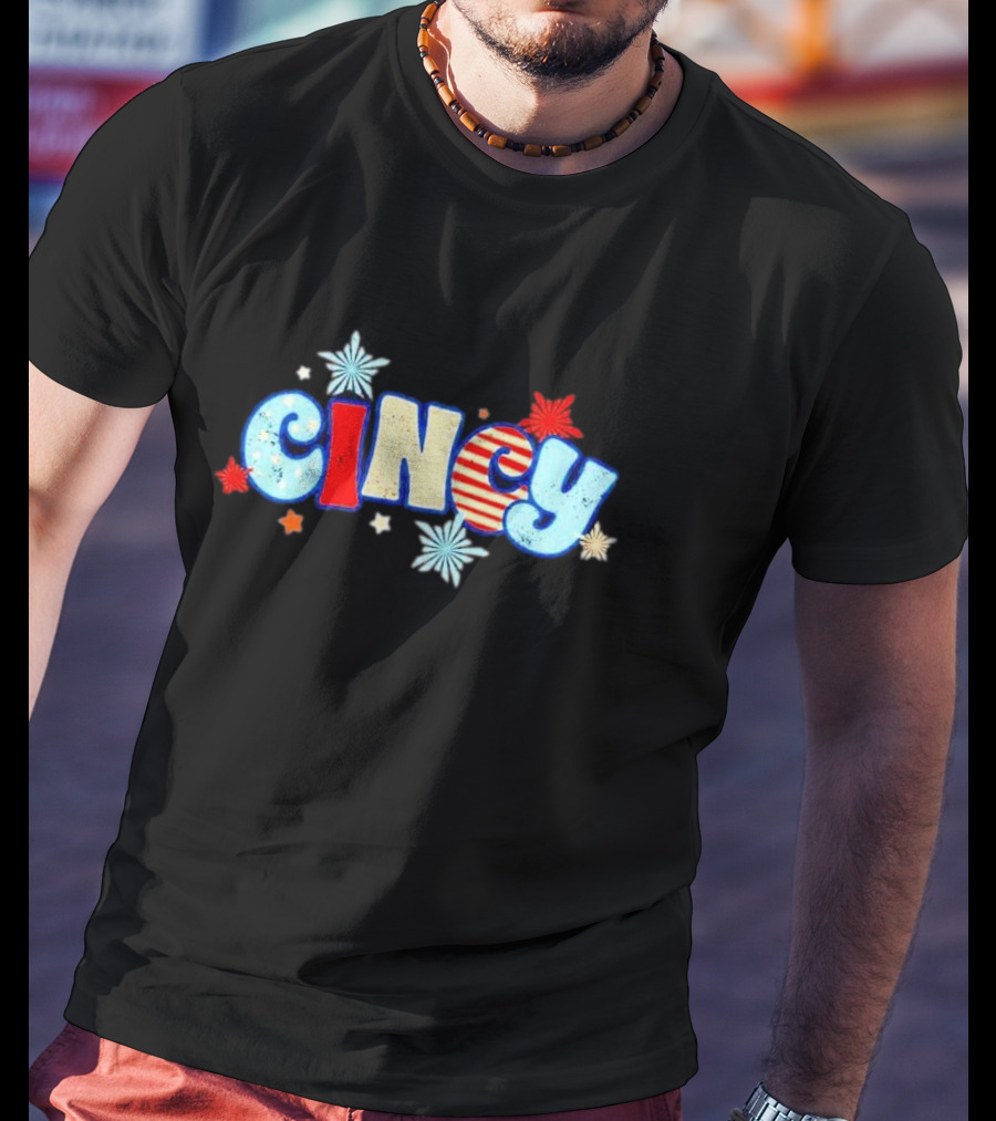 Cincy Star Burst American Flag Pattern With Red White Blue Stars T-Shirt
