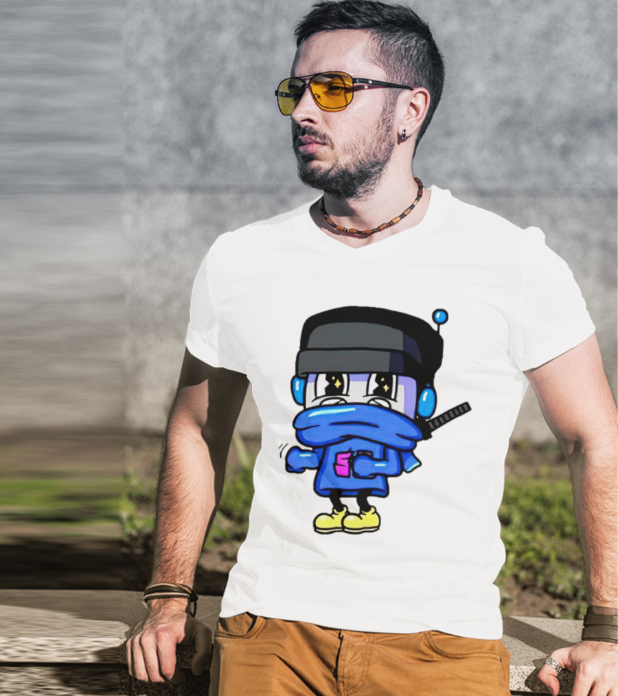 Ctop Simple Chris Cartoon Character With Headphones And Blue Scarf T-Shirt