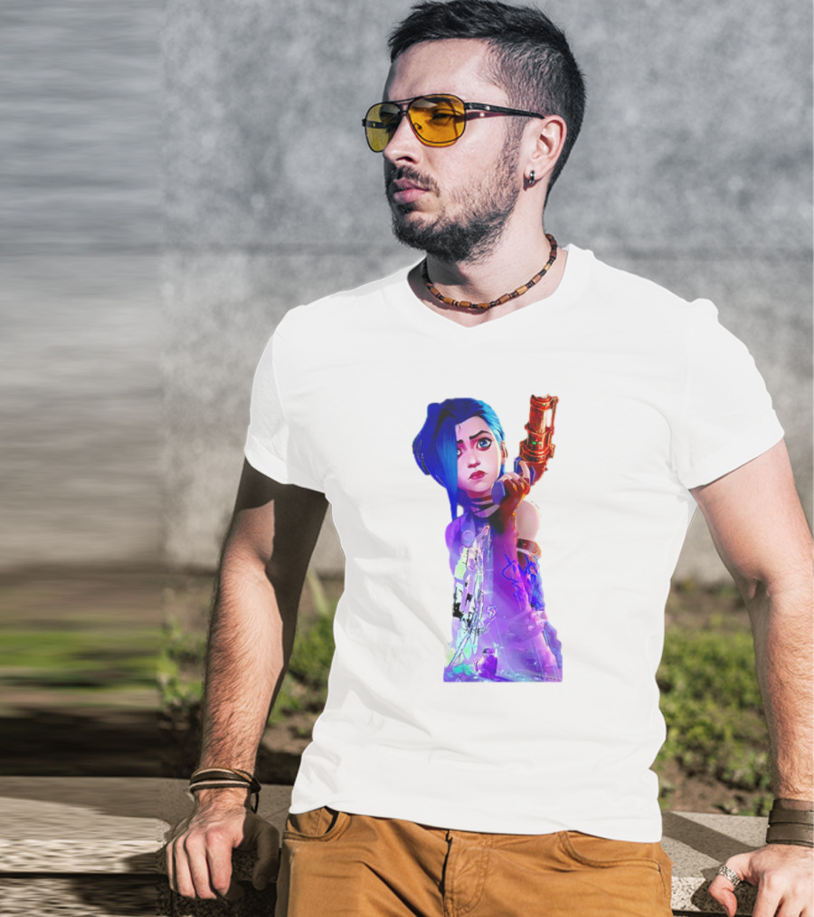 Arcane Jinx League Of Legends Character With Blue Hair And Toy Gun T-Shirt
