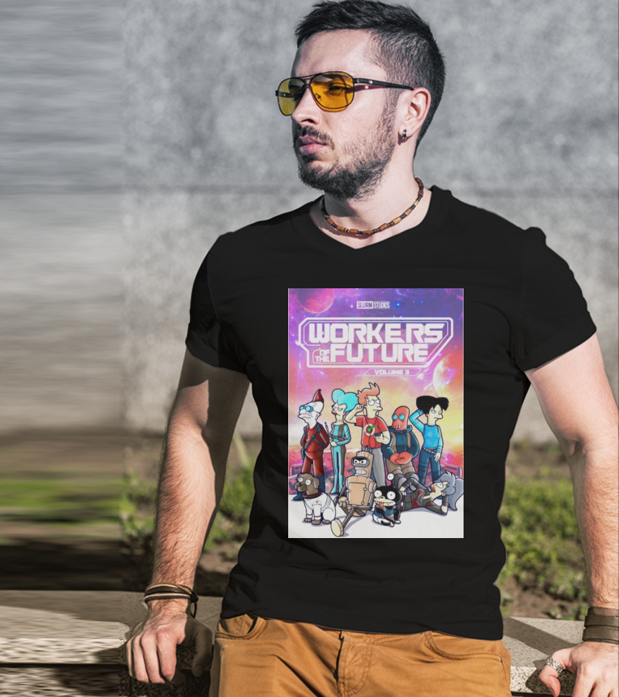 SLURM STUDIOS Workers Of The Future Volume 3 Futurama Characters Retro Futuristic T-Shirt