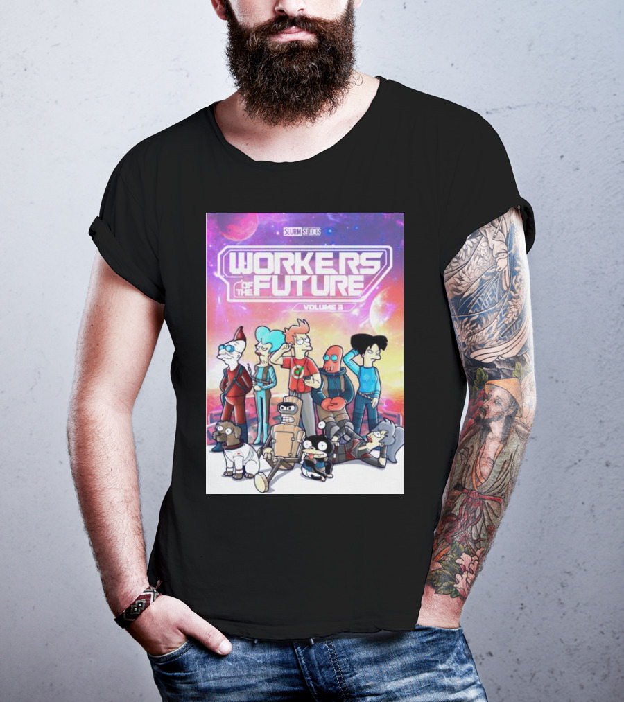 SLURM STUDIOS Workers Of The Future Volume 3 Futurama Characters Retro Futuristic T-Shirt