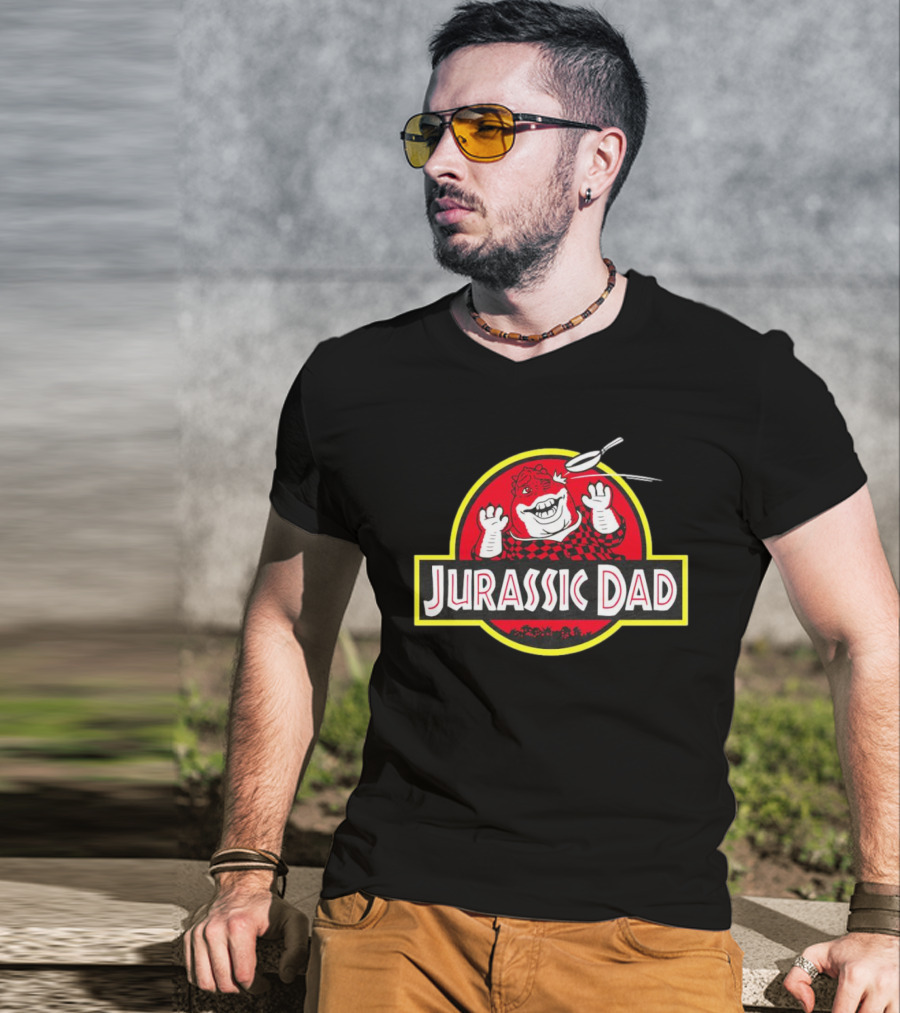 Jurassic Dad Dinosaur Cartoon Logo Frying Pan Image T-Shirt