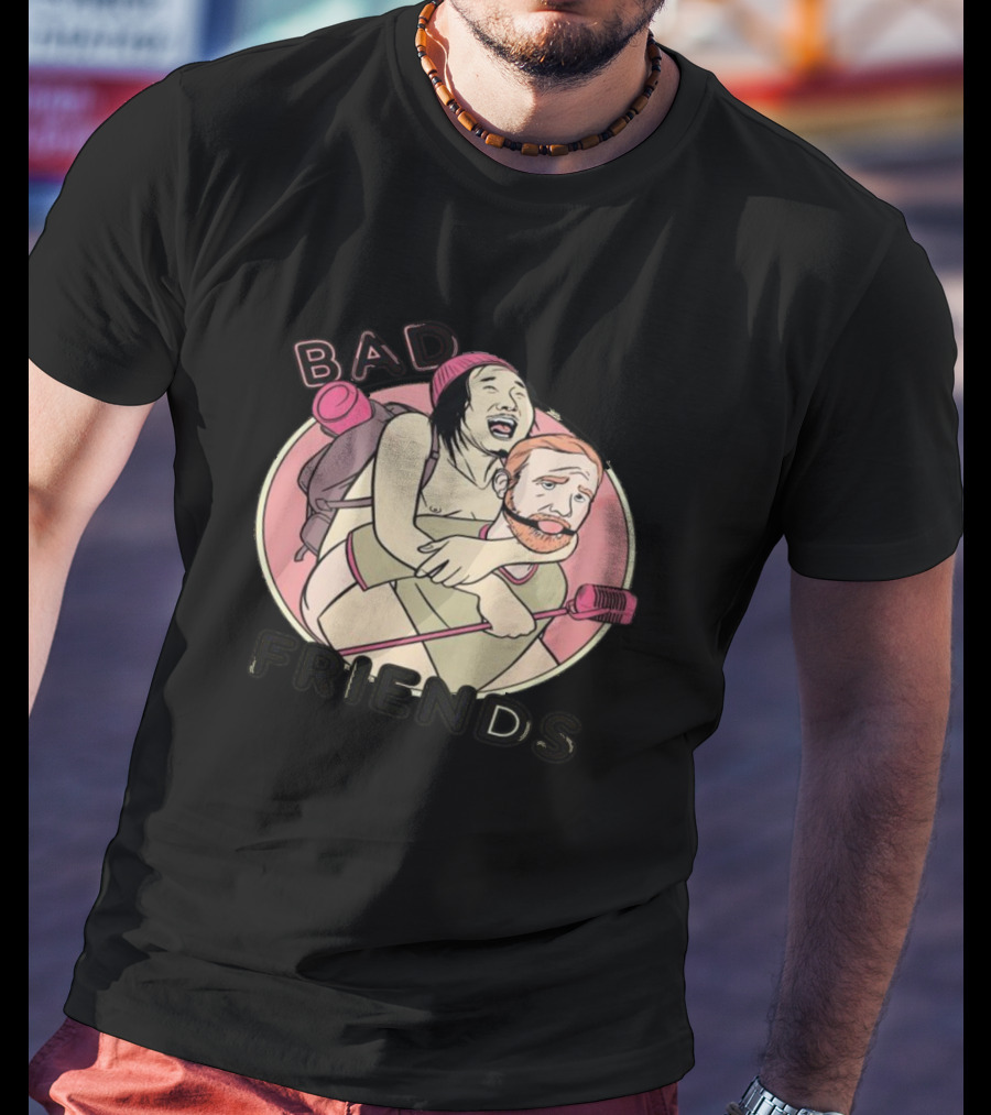 Bad Friends Comedy Podcast Piggyback Mic T-Shirt
