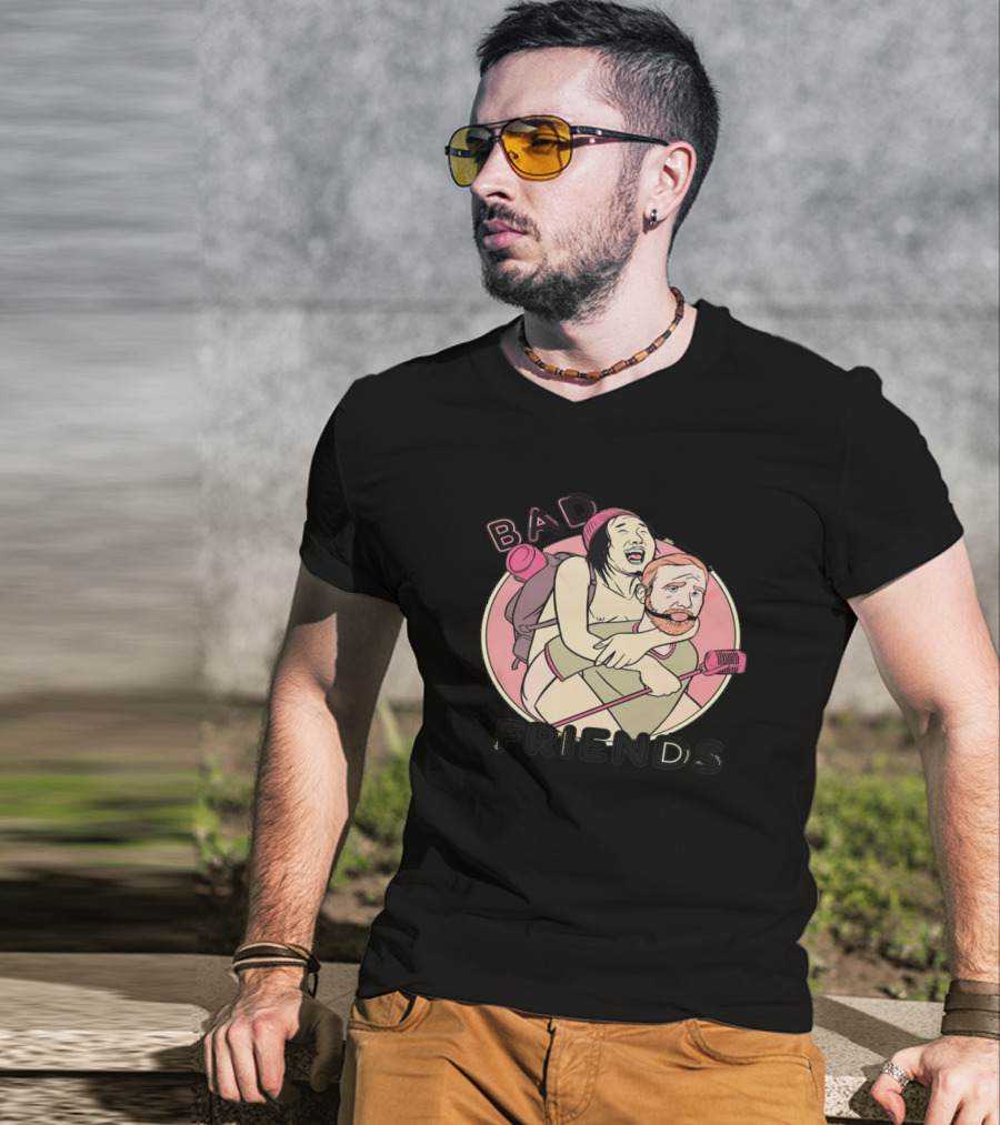 Bad Friends Comedy Podcast Piggyback Mic T-Shirt