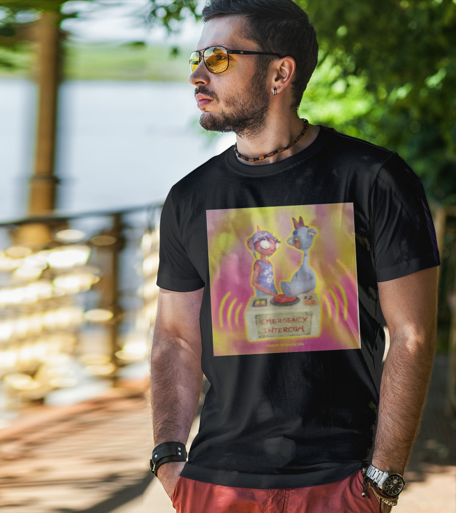Emergency Intercom Podcast By Enya And Drew Vibrant Cartoon Characters On Bright Background T-Shirt