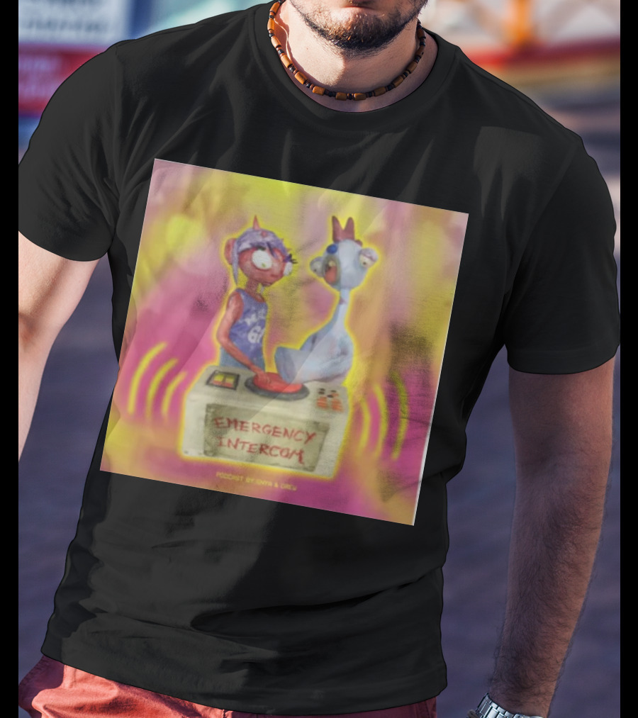 Emergency Intercom Podcast By Enya And Drew Vibrant Cartoon Characters On Bright Background T-Shirt