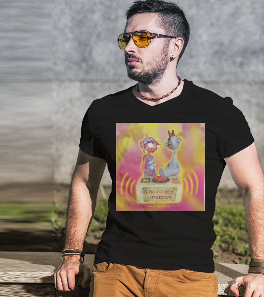 Emergency Intercom Podcast By Enya And Drew Vibrant Cartoon Characters On Bright Background T-Shirt