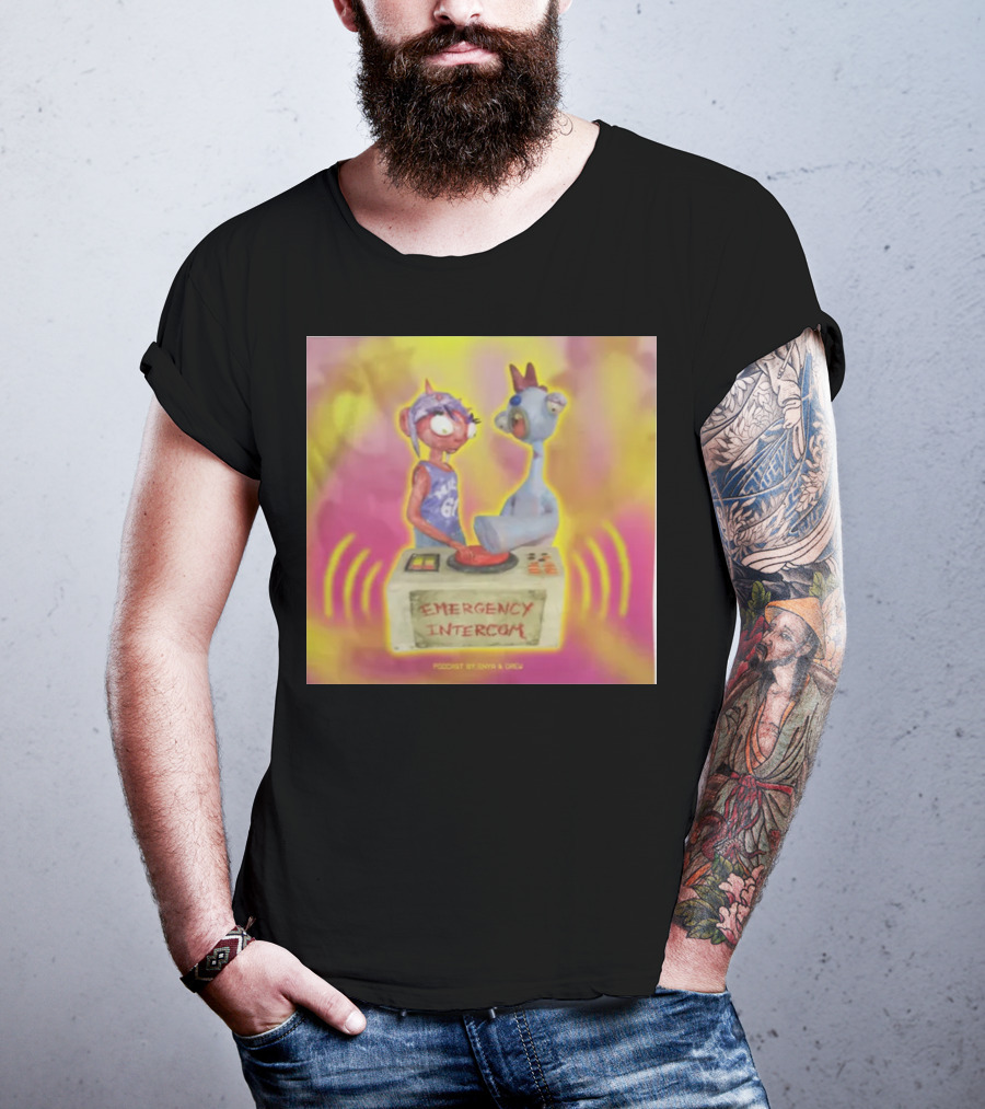 Emergency Intercom Podcast By Enya And Drew Vibrant Cartoon Characters On Bright Background T-Shirt