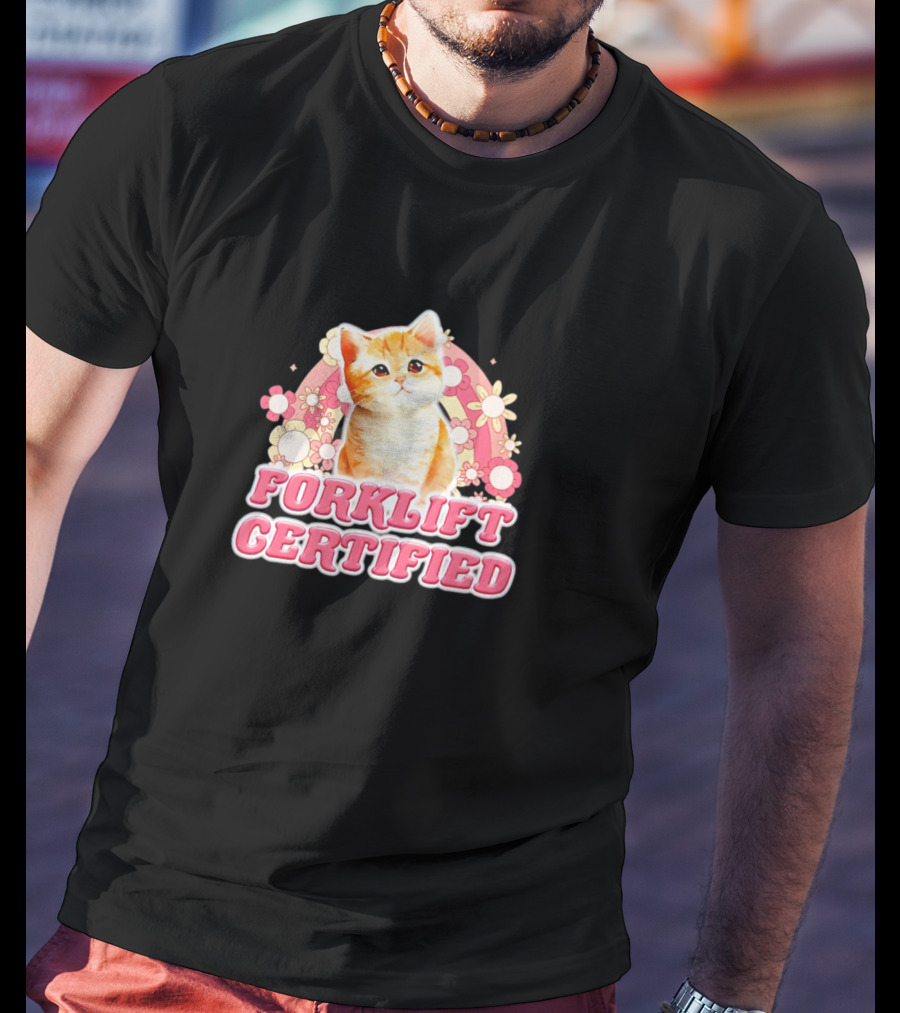 Cat Forklift Certified Cute Floral Pink T-Shirt
