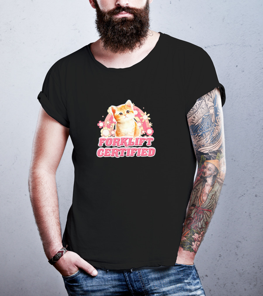 Cat Forklift Certified Cute Floral Pink T-Shirt
