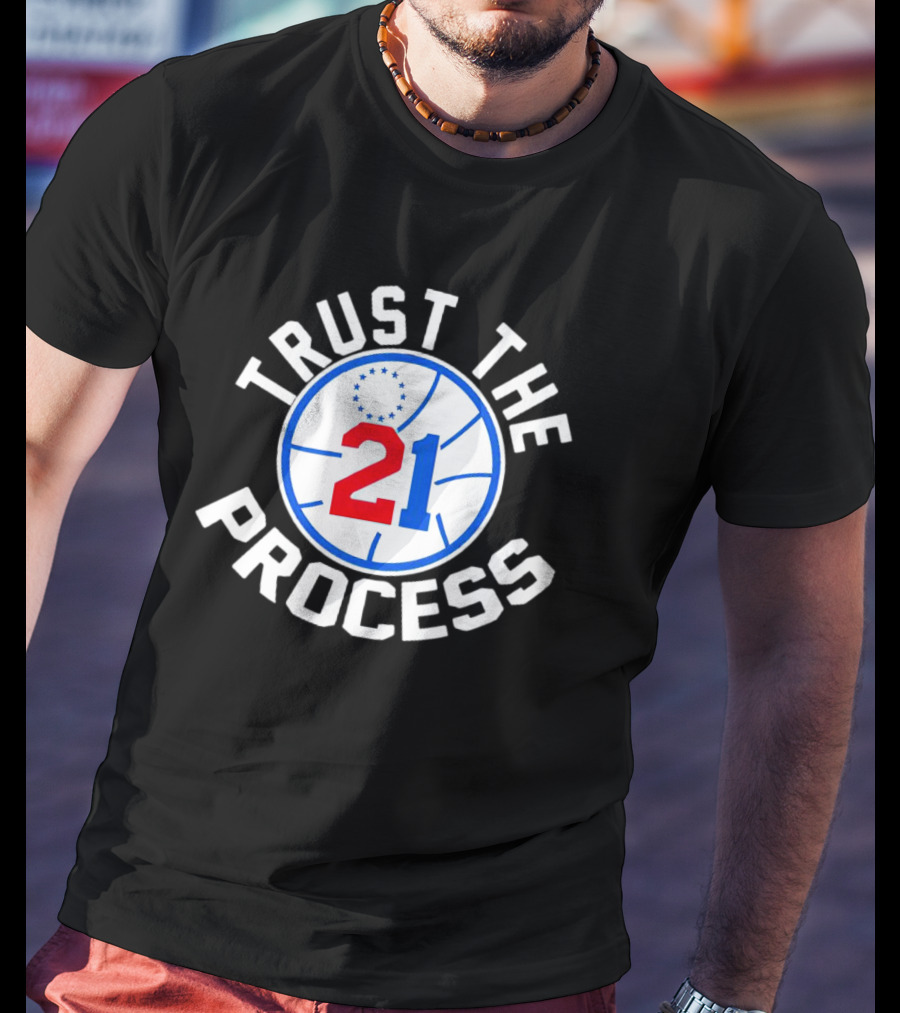 Philadelphia 76ers Joel Embiid 21 Trust The Process Basketball Emblem T-Shirt