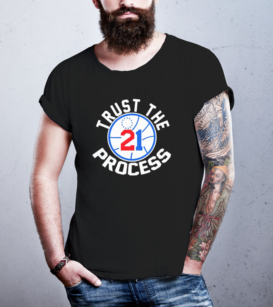 Philadelphia 76ers Joel Embiid 21 Trust The Process Basketball Emblem T-Shirt