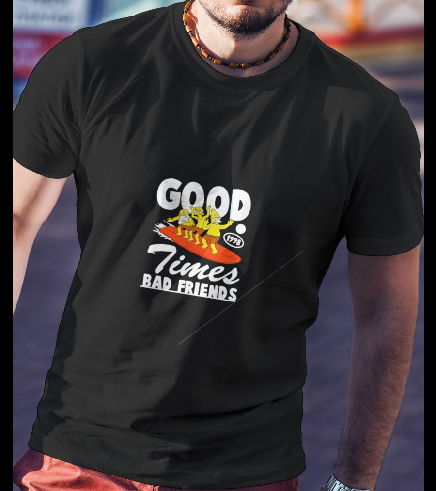 GOOD TIMES BAD FRIENDS 1998 Surfing Cartoon T-Shirt