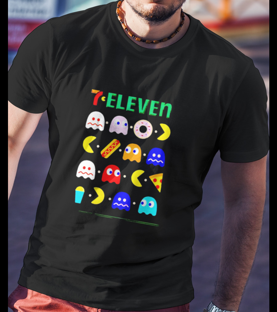 7 Eleven Pac Man Ghosts Donut Hot Dog Pizza Icons T-Shirt