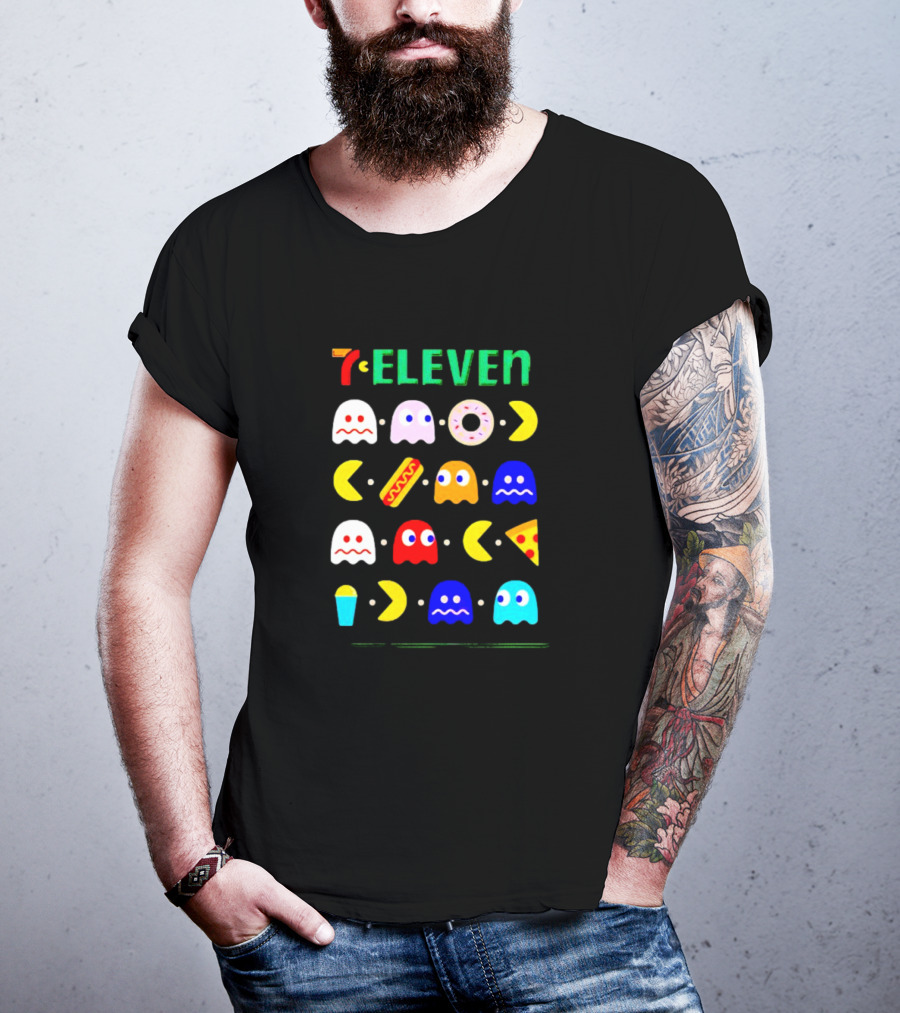 7 Eleven Pac Man Ghosts Donut Hot Dog Pizza Icons T-Shirt