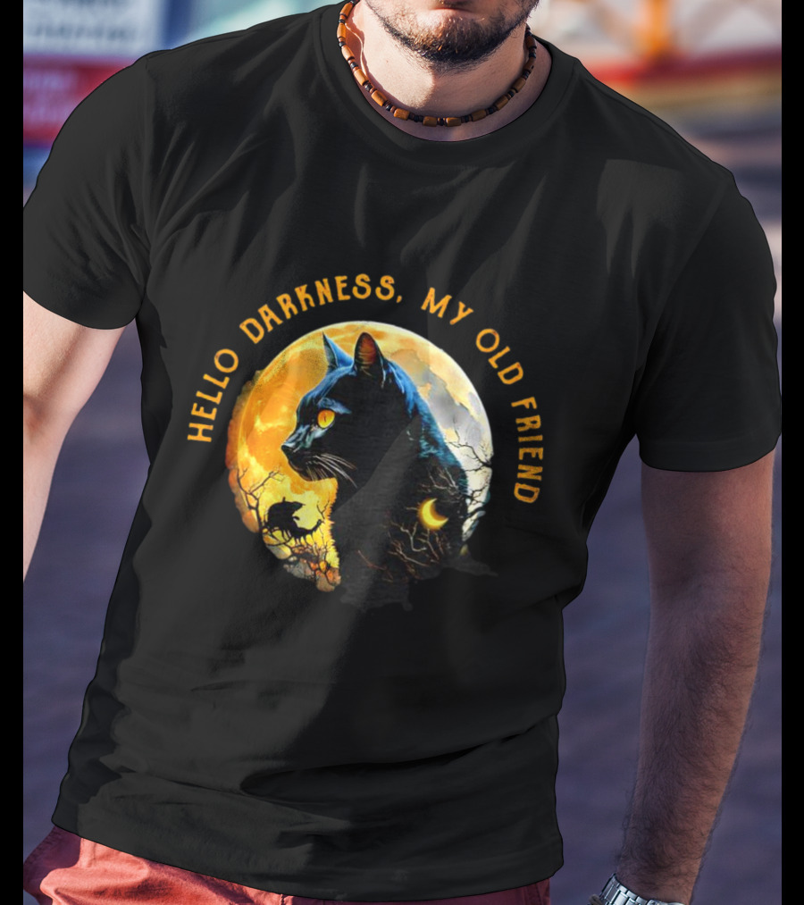 Black Cat Hello Darkness My Old Friend Moon Scene T-Shirt