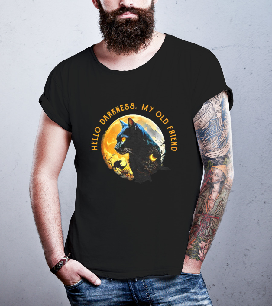 Black Cat Hello Darkness My Old Friend Moon Scene T-Shirt