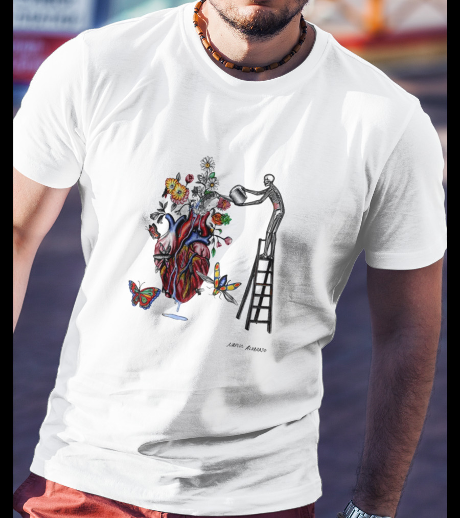 Skeleton Watering Yourself Heart Vase By Laro Amaral T-Shirt