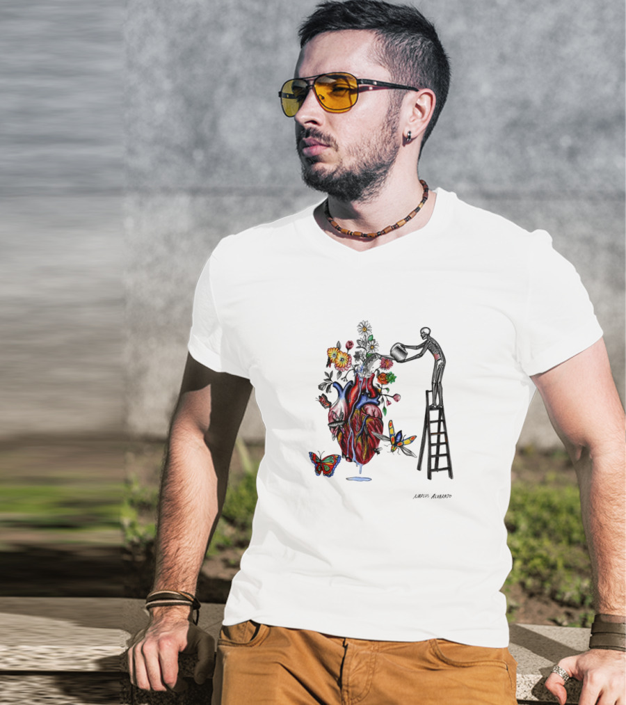 Skeleton Watering Yourself Heart Vase By Laro Amaral T-Shirt
