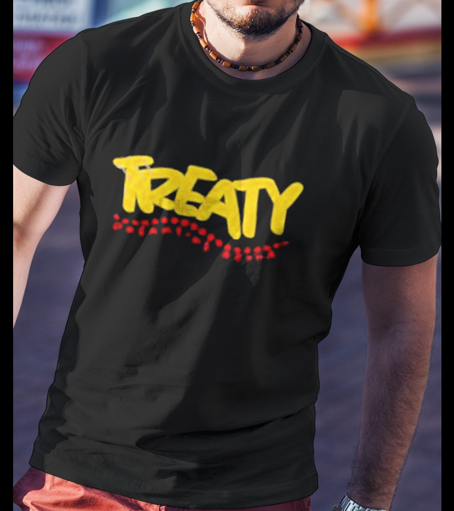 Treaty Dreamtime Aroha Yellow Text With Red Dots T-Shirt