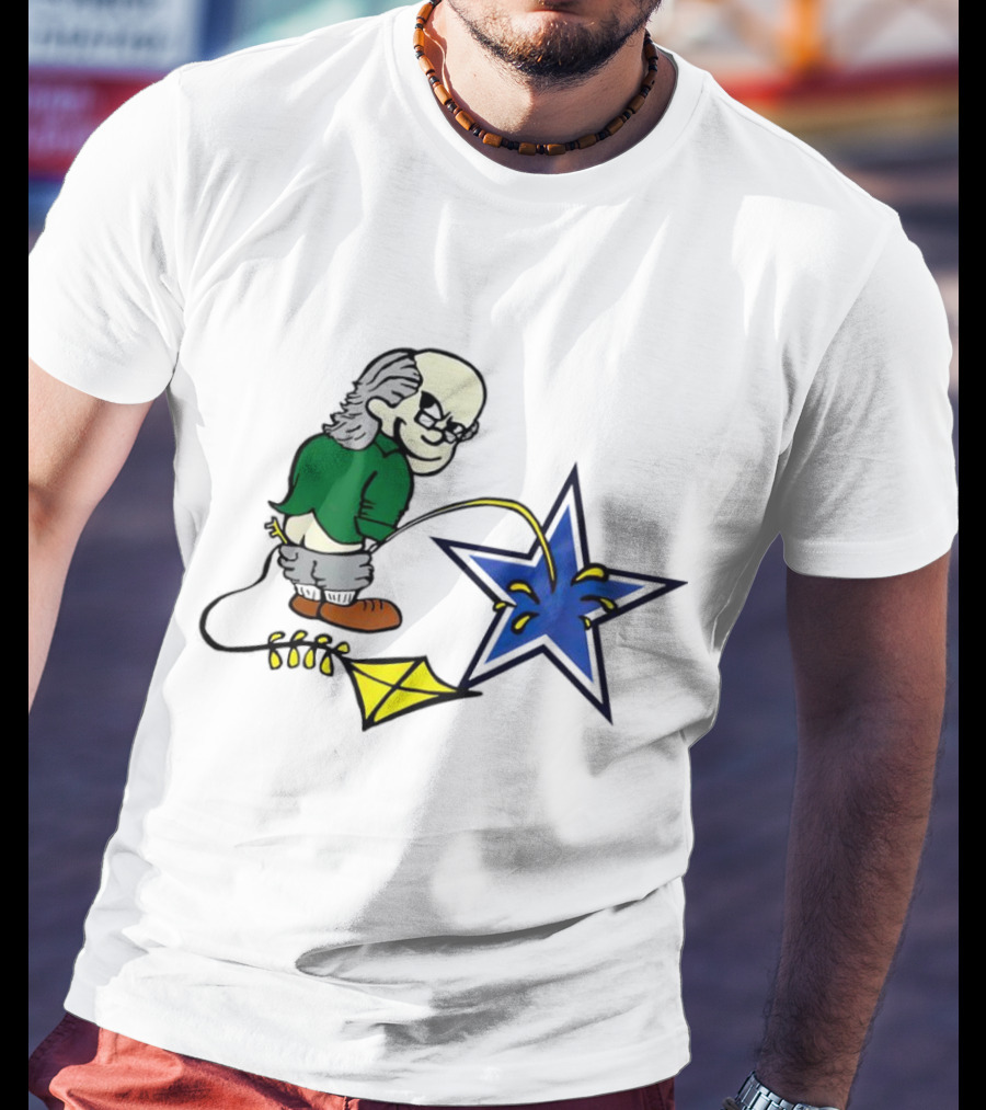 Ben Franklin With Kite Whizzing On Blue Cowboy Star T-Shirt