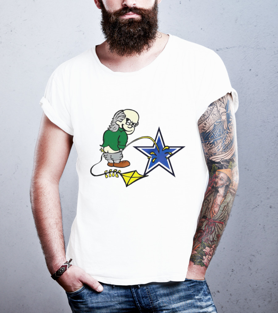Ben Franklin With Kite Whizzing On Blue Cowboy Star T-Shirt