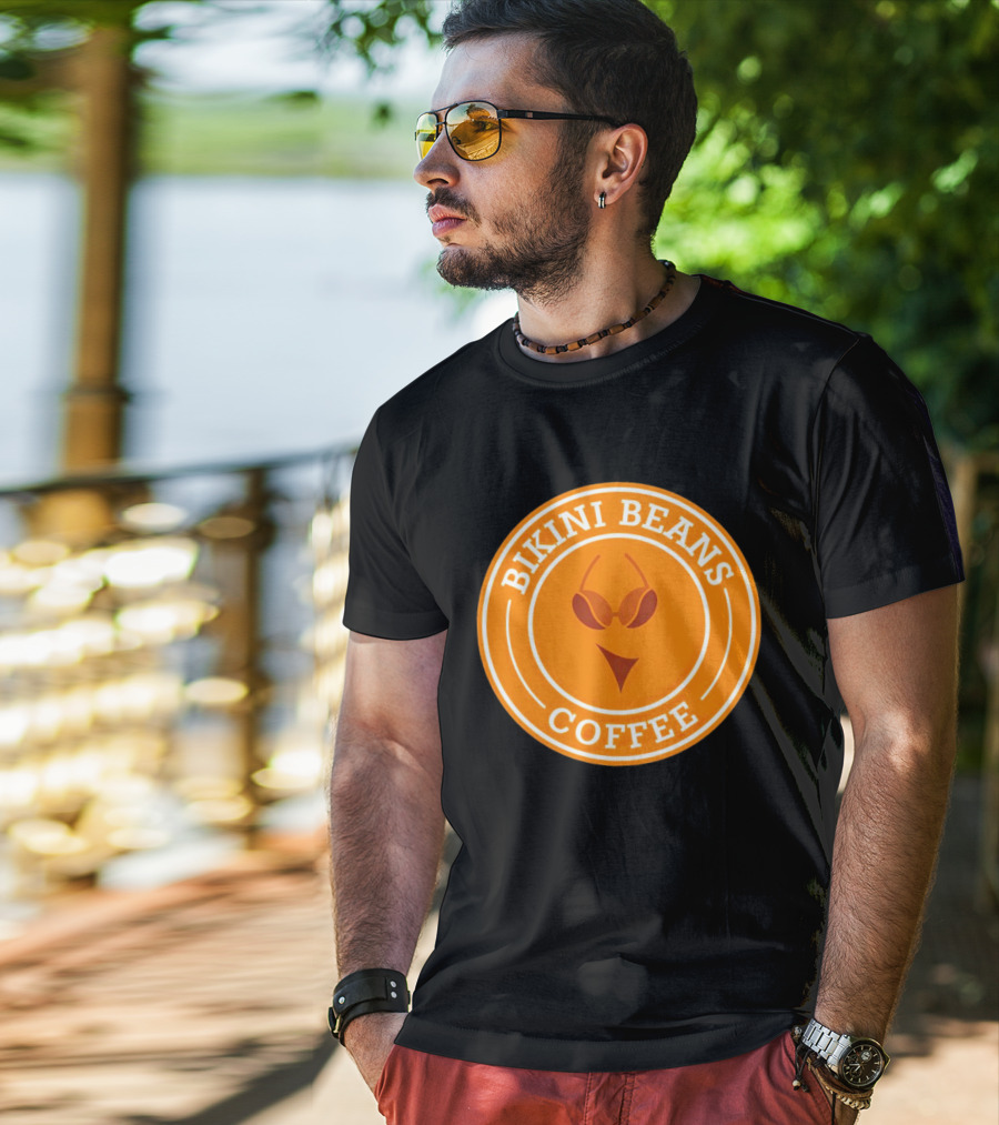 Bikini Beans Coffee Circular Logo With Sunglasses And Orange Background T-Shirt