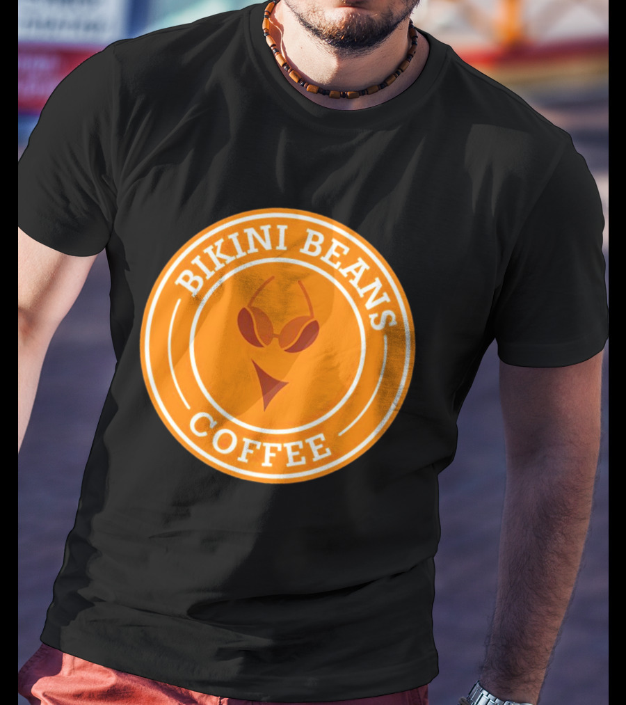 Bikini Beans Coffee Circular Logo With Sunglasses And Orange Background T-Shirt