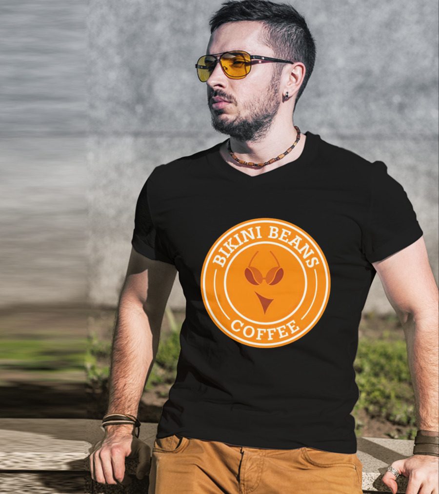 Bikini Beans Coffee Circular Logo With Sunglasses And Orange Background T-Shirt