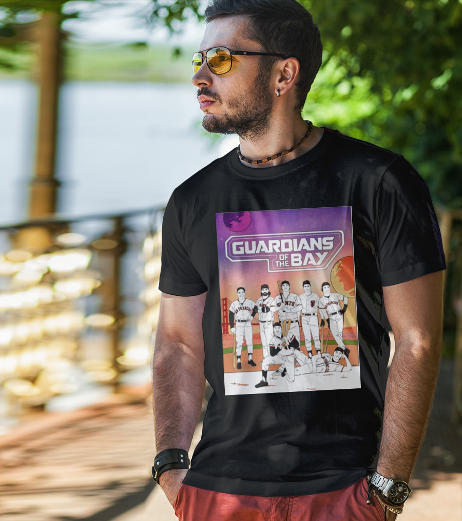 Guardians Of The Bay San Francisco Giants Baseball Players With Golden Gate Bridge And Sunset Background T-Shirt