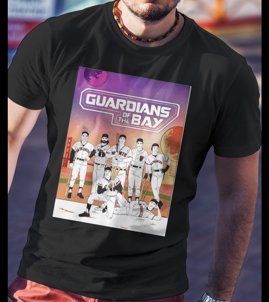 Guardians Of The Bay San Francisco Giants Baseball Players With Golden Gate Bridge And Sunset Background T-Shirt