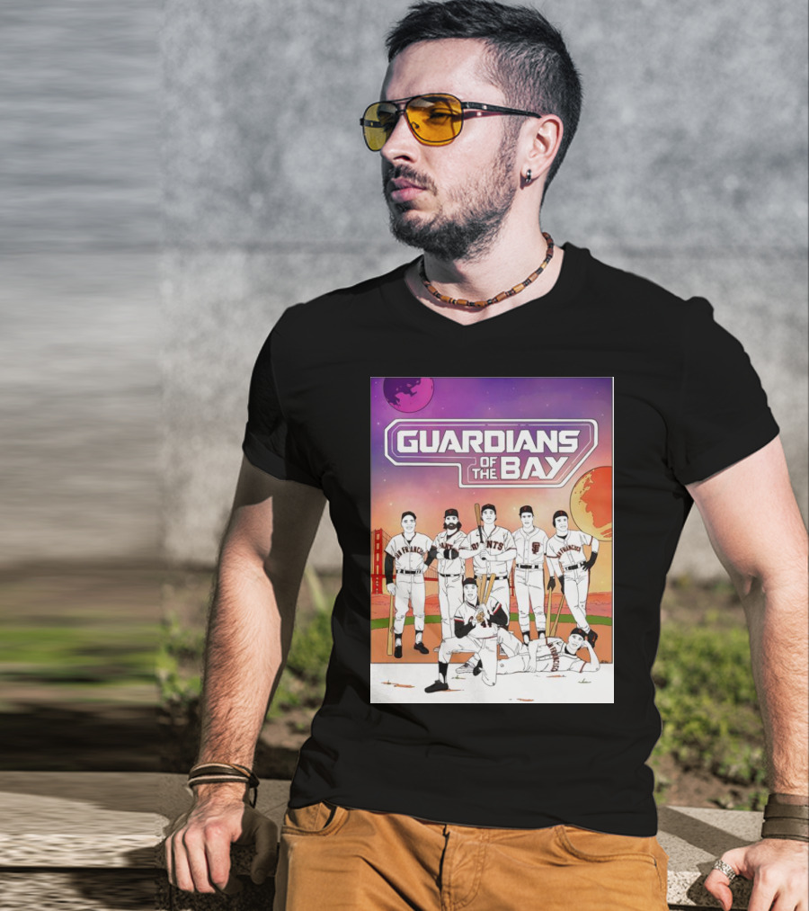 Guardians Of The Bay San Francisco Giants Baseball Players With Golden Gate Bridge And Sunset Background T-Shirt